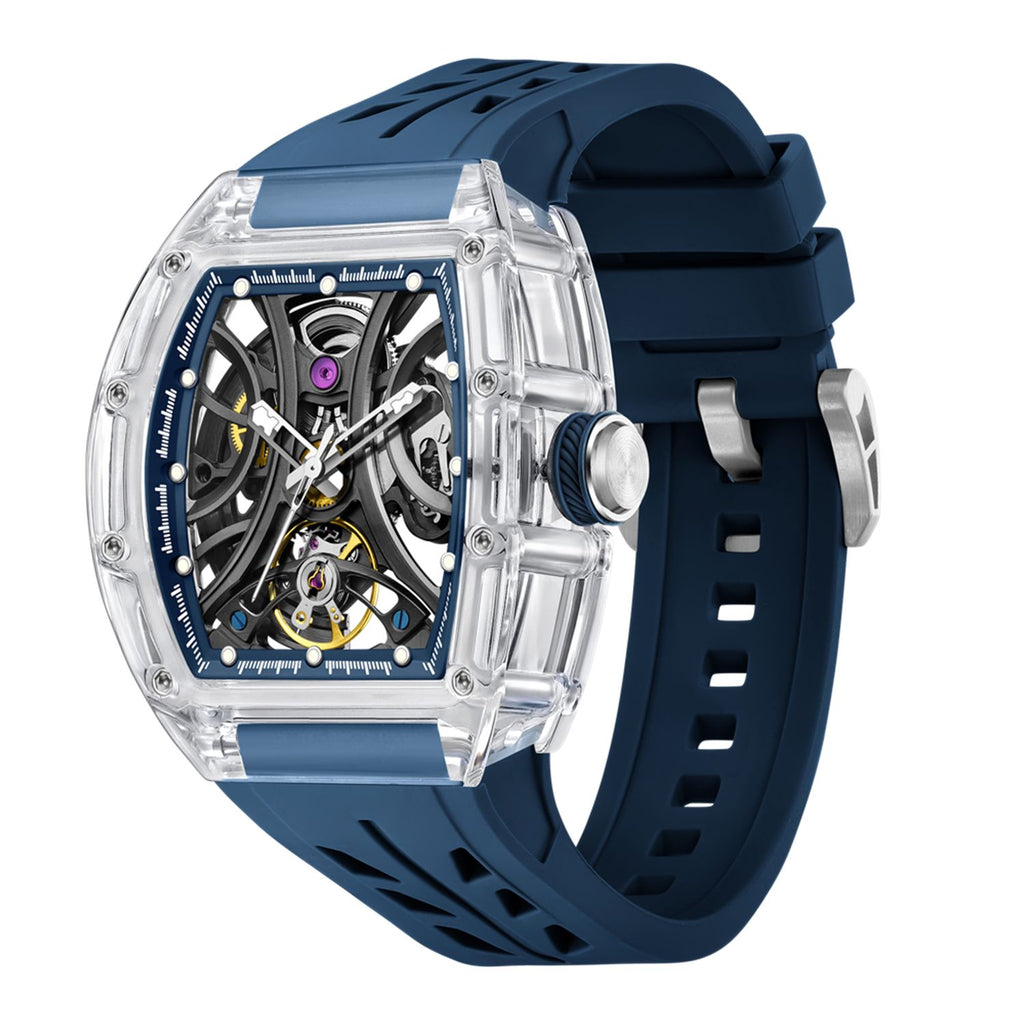 MEGIR 9195-11 skeleton automatic watch, transparent case and dark blue silicone strap, angled view