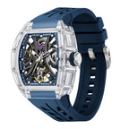 MEGIR 9195-11 skeleton automatic watch, transparent case and dark blue silicone strap, angled view