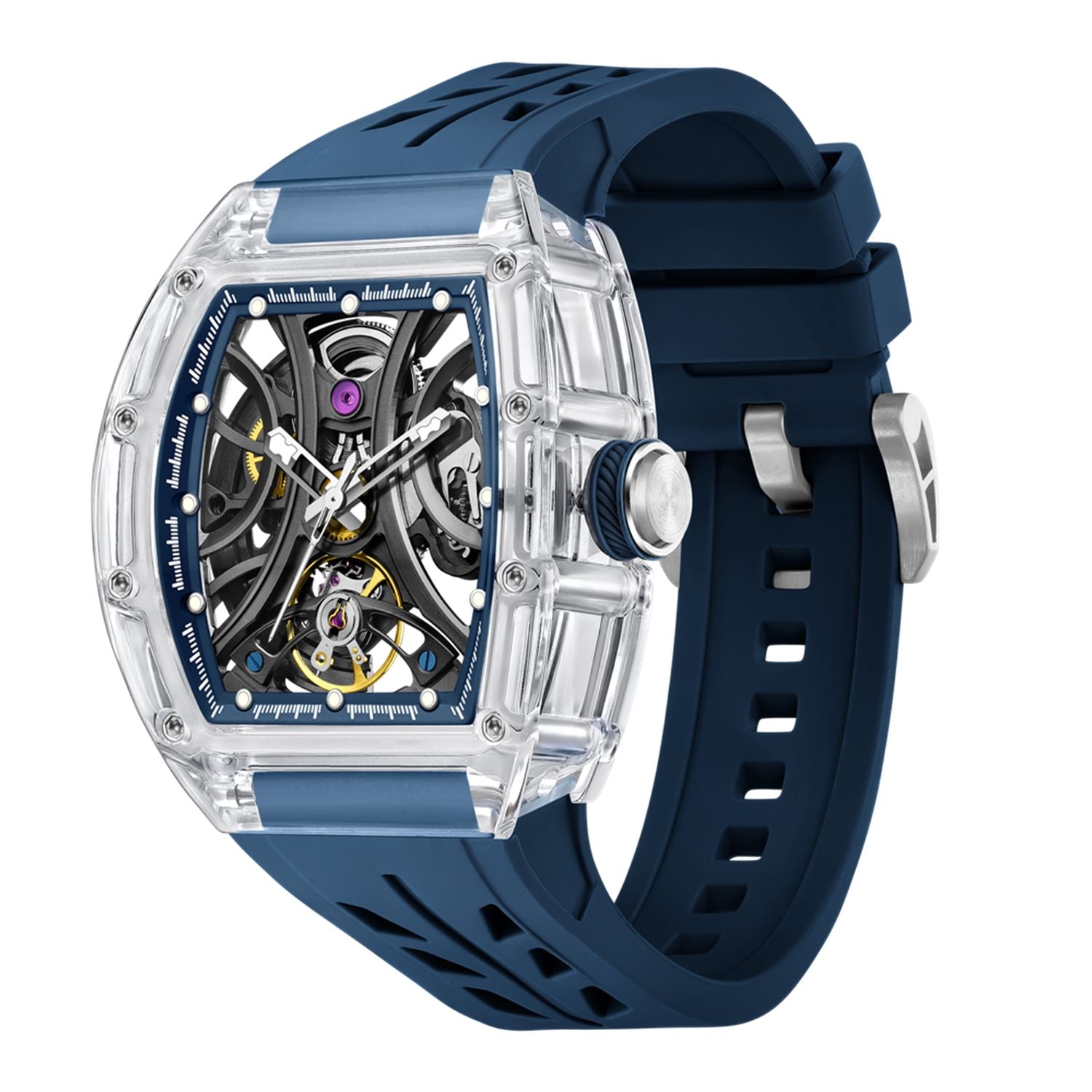 MEGIR 9195-11 skeleton automatic watch, transparent case and dark blue silicone strap, angled view