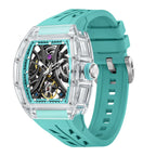 MEGIR 9195-11 skeleton automatic watch, transparent case and light blue silicone strap, angled view