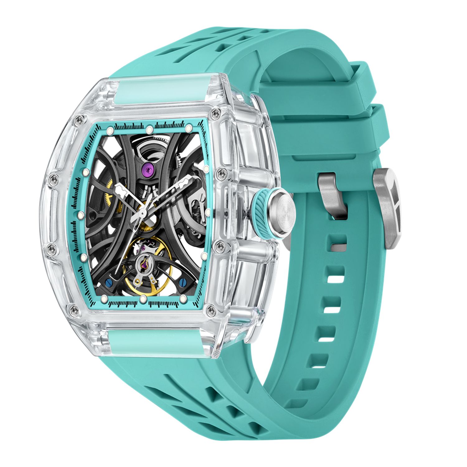 MEGIR 9195-11 skeleton automatic watch, transparent case and light blue silicone strap, angled view