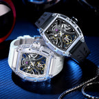 MEGIR 9195-11 skeleton automatic watch, transparent case pair with black and white straps, beauty shot