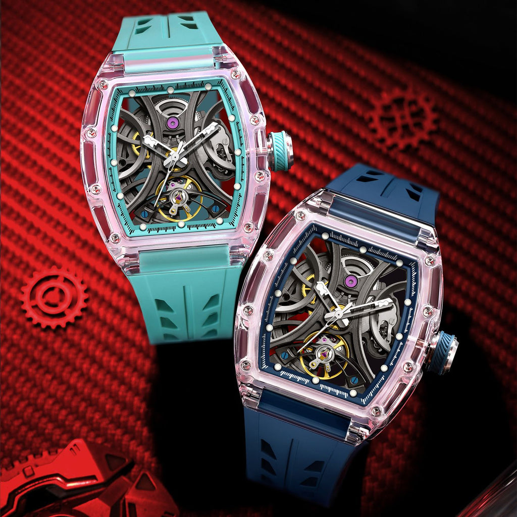 MEGIR 9195-11 skeleton automatic watch, transparent case pair with light blue and dark blue straps, beauty shot