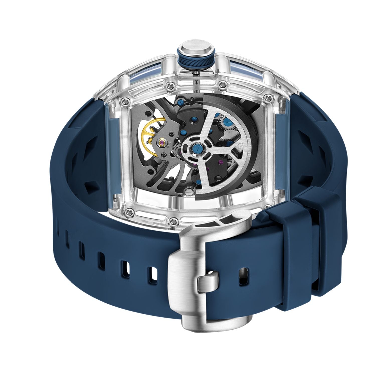 MEGIR 9195-11 skeleton automatic watch caseback with exhibition window showing the skeleton movement