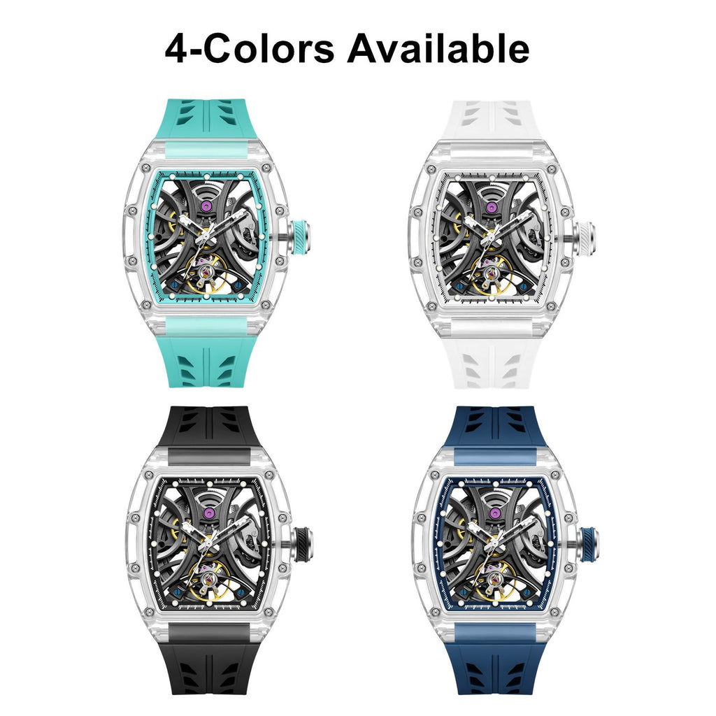 MEGIR 9195-11 skeleton automatic watch shown in four strap colour options with transparent case