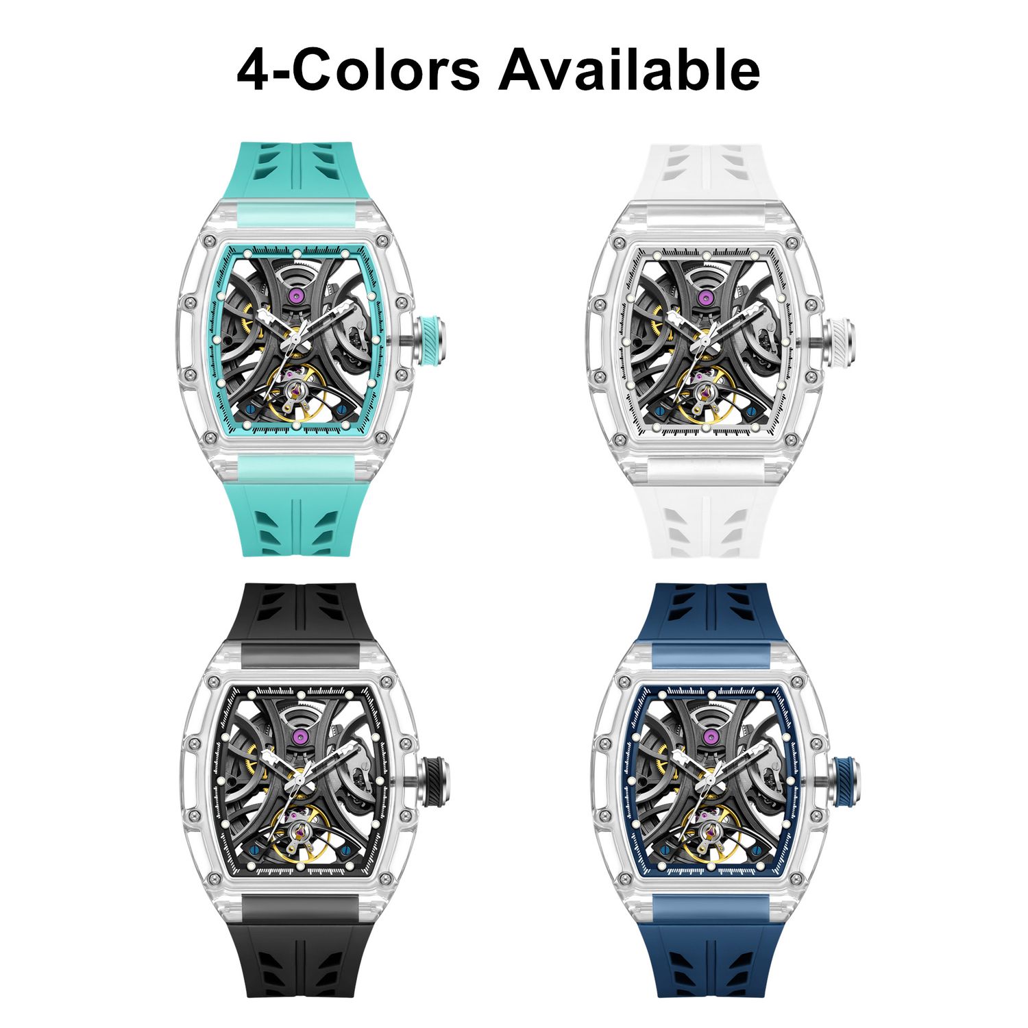 MEGIR 9195-11 skeleton automatic watch shown in four strap colour options with transparent case