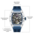 MEGIR 9195-11 skeleton automatic watch size chart with case and strap measurements, blue model