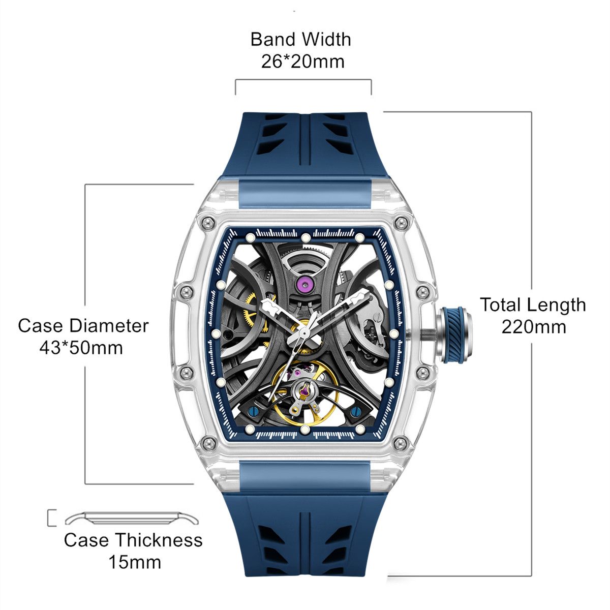 MEGIR 9195-11 skeleton automatic watch size chart with case and strap measurements, blue model