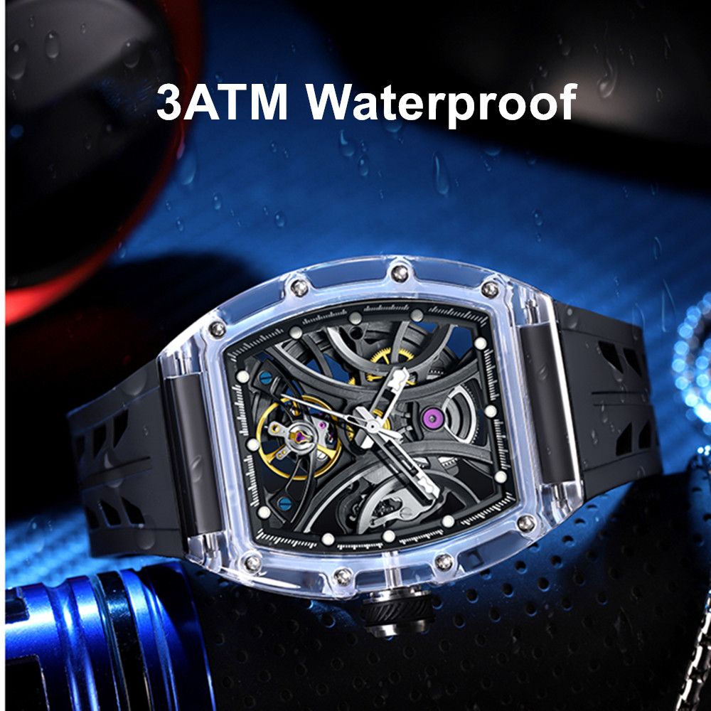 MEGIR 9195-11 skeleton automatic watch, 3ATM life-waterproof feature graphic, black model
