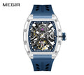 MEGIR 9195-11 men's skeleton automatic watch, transparent barrel case, openwork dial and blue strap, front view
