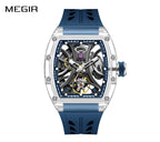 MEGIR 9195-11 men's skeleton automatic watch, transparent barrel case, openwork dial and blue strap, front view