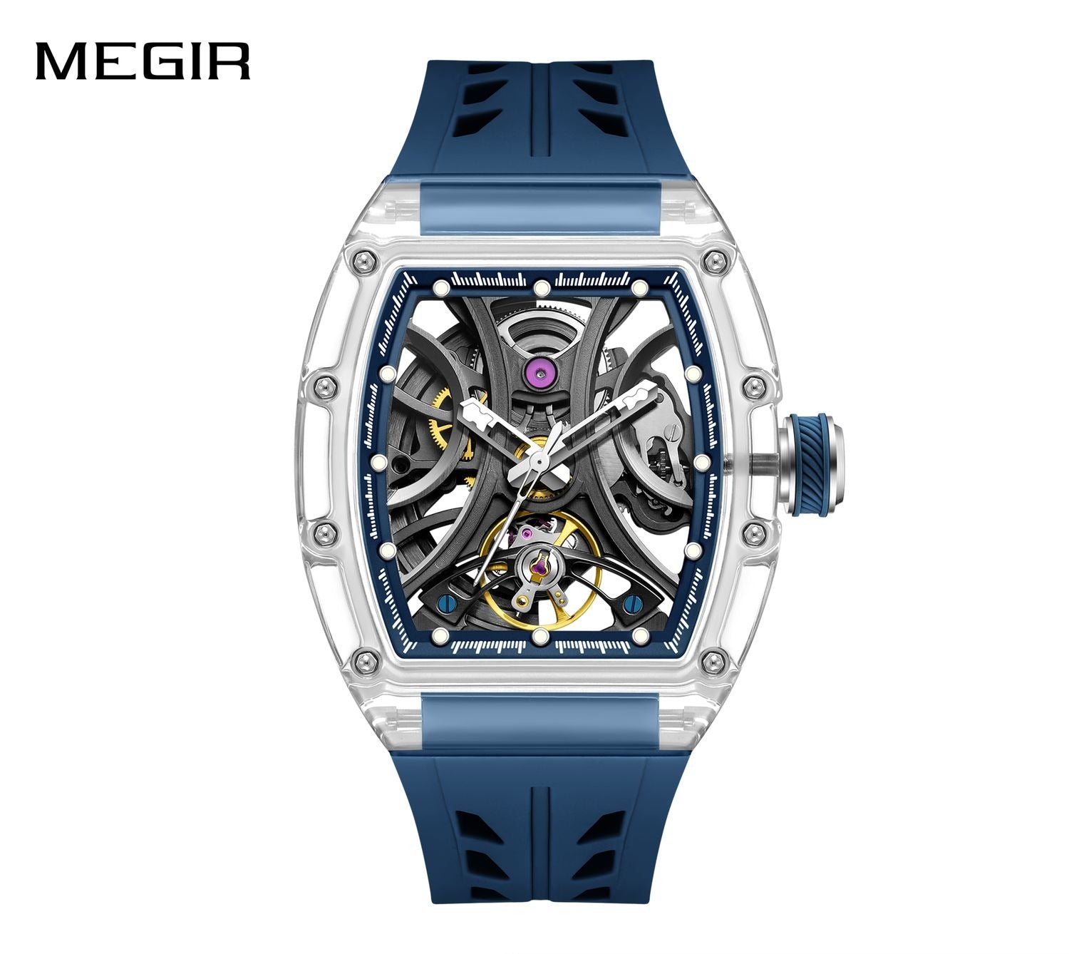 MEGIR 9195-11 men's skeleton automatic watch, transparent barrel case, openwork dial and blue strap, front view