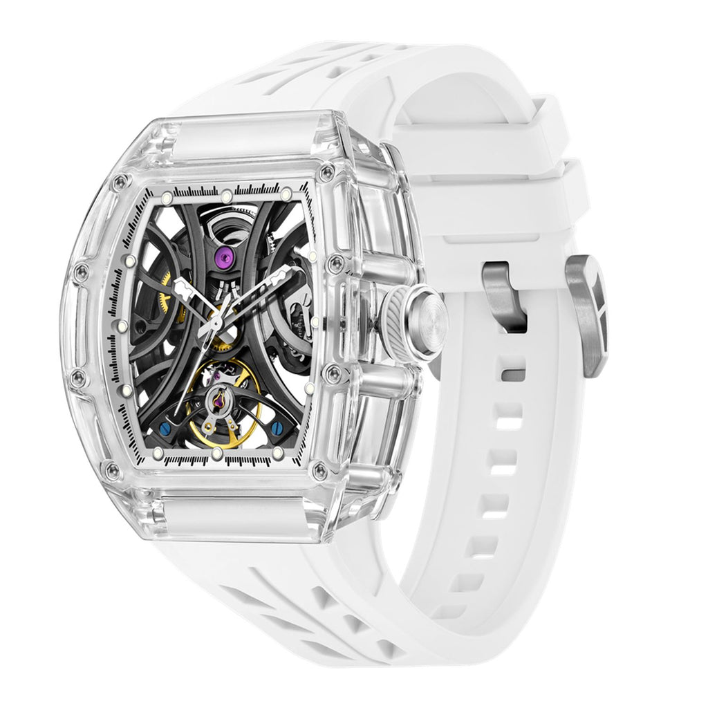 MEGIR 9195-11 skeleton automatic watch, transparent case and white silicone strap, angled view