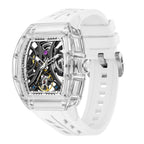 MEGIR 9195-11 skeleton automatic watch, transparent case and white silicone strap, angled view