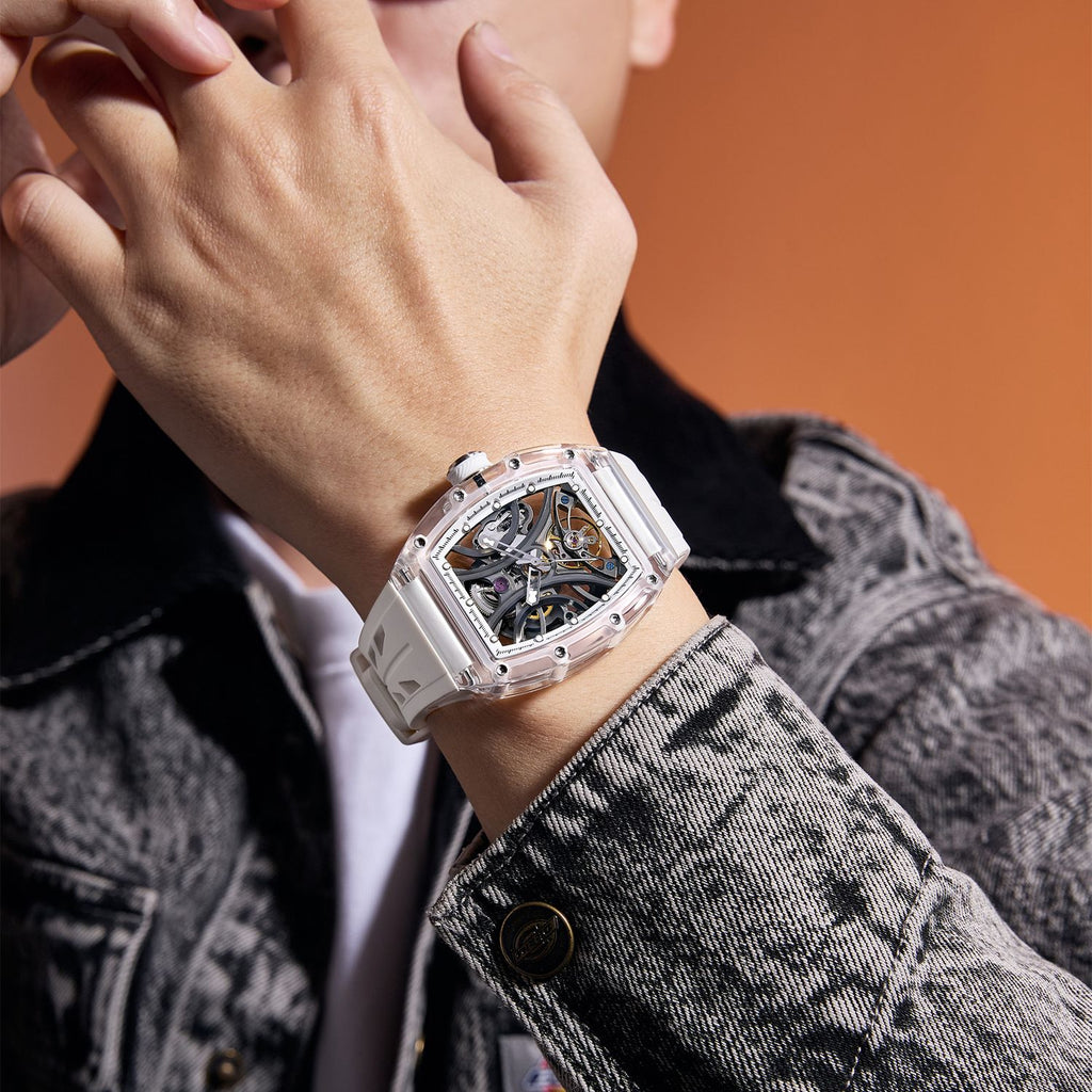 MEGIR 9195-11 skeleton automatic watch on the wrist, transparent case and white silicone strap