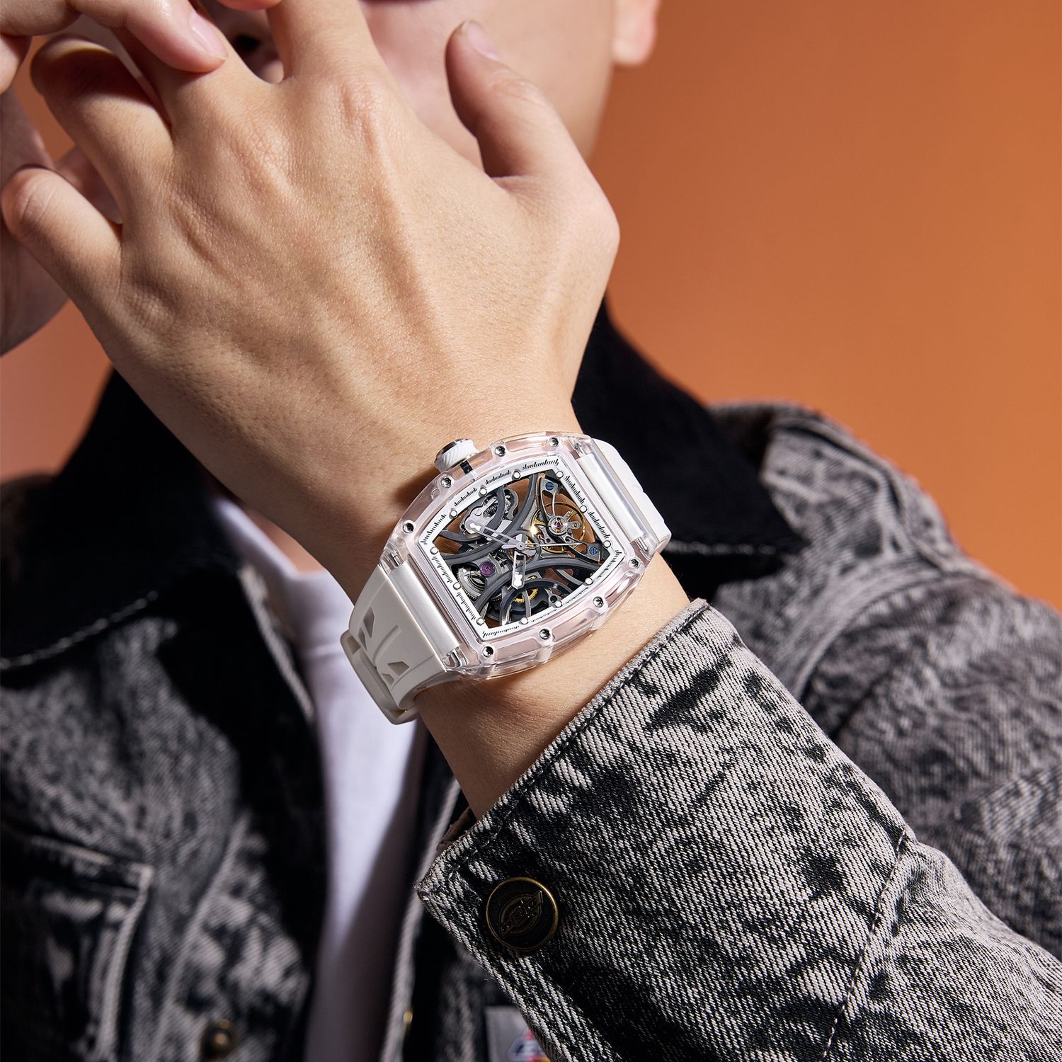 MEGIR 9195-11 skeleton automatic watch on the wrist, transparent case and white silicone strap