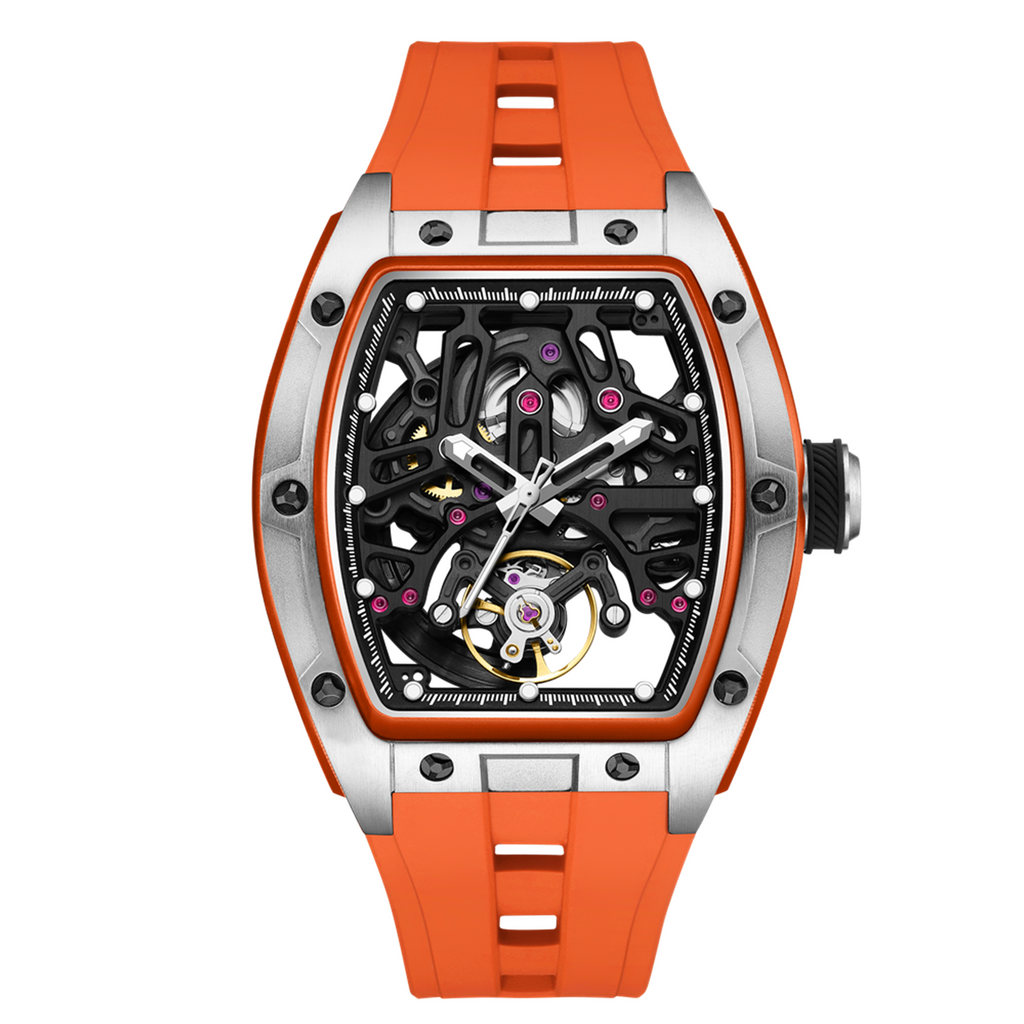 MEGIR 9198-1 skeleton automatic watch, silver case and orange silicone strap, angled view