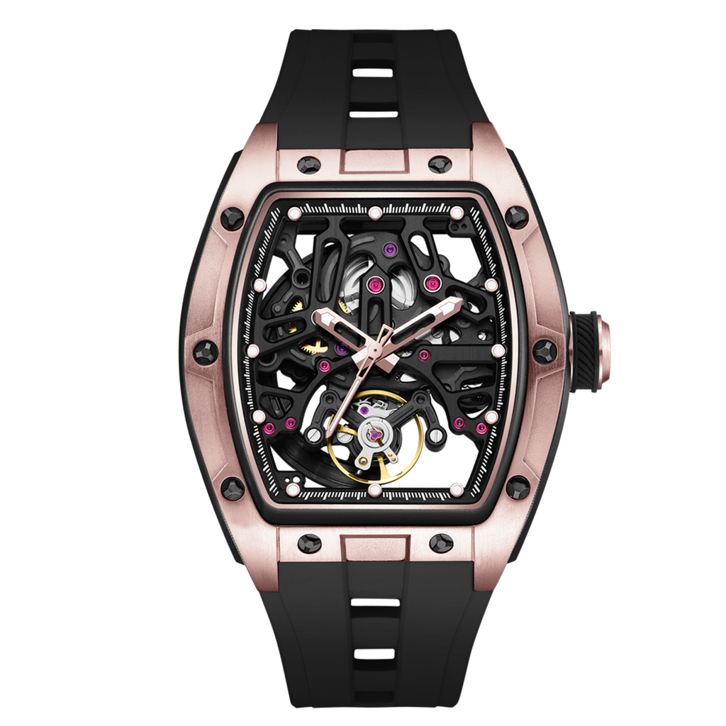 MEGIR 9198-1 skeleton automatic watch, rose-gold case and black silicone strap, angled view