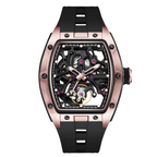MEGIR 9198-1 skeleton automatic watch, rose-gold case and black silicone strap, angled view
