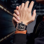 MEGIR 9198-1 skeleton automatic watch on the wrist, rose-gold case and black silicone strap