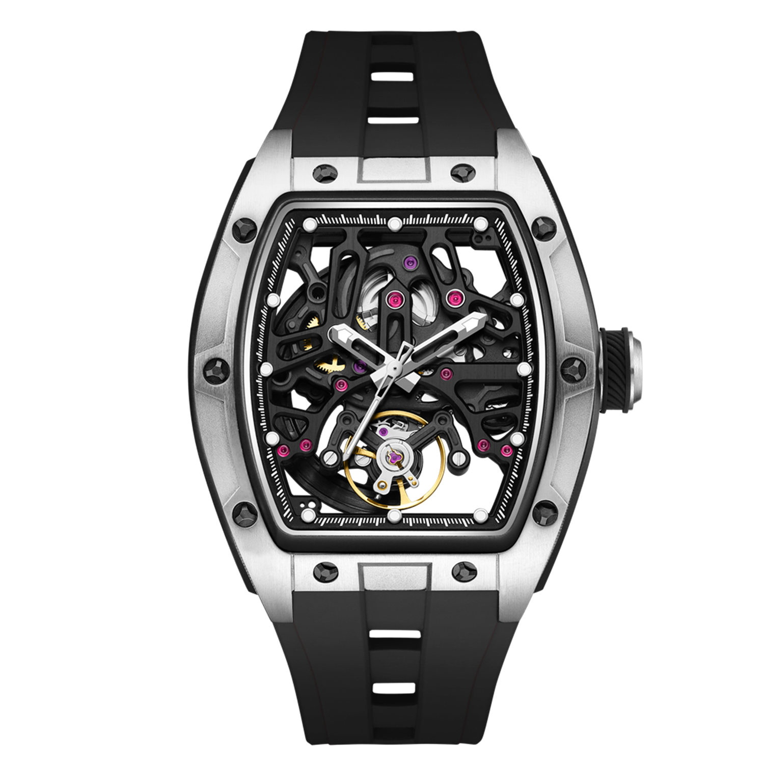 MEGIR 9198-1 skeleton automatic watch, silver barrel case and black silicone strap, angled view
