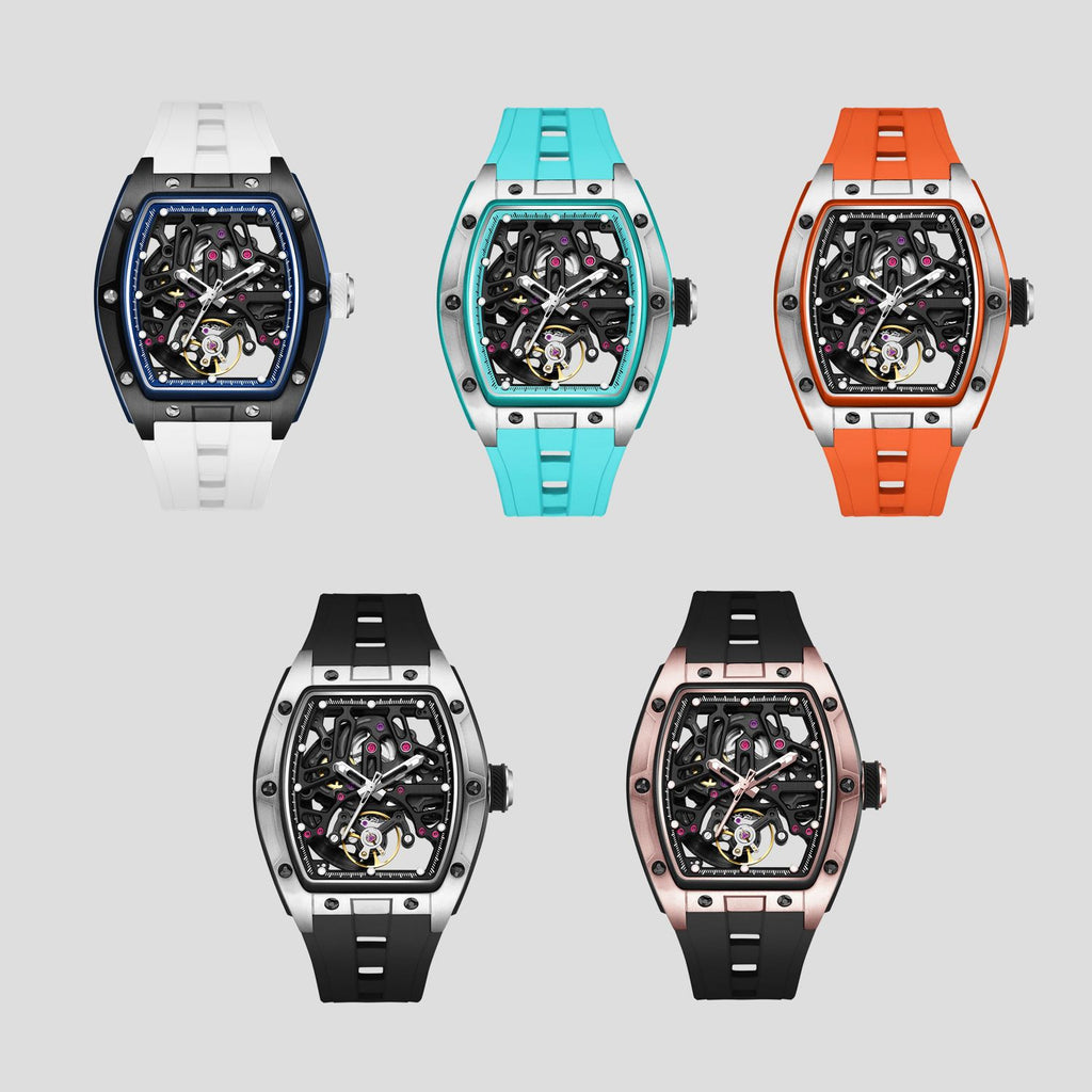 MEGIR 9198-1 skeleton automatic watch shown in five case and strap colour options