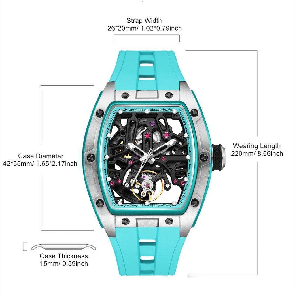 MEGIR 9198-1 skeleton automatic watch size chart with case and strap measurements, turquoise model