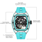 MEGIR 9198-1 skeleton automatic watch size chart with case and strap measurements, turquoise model