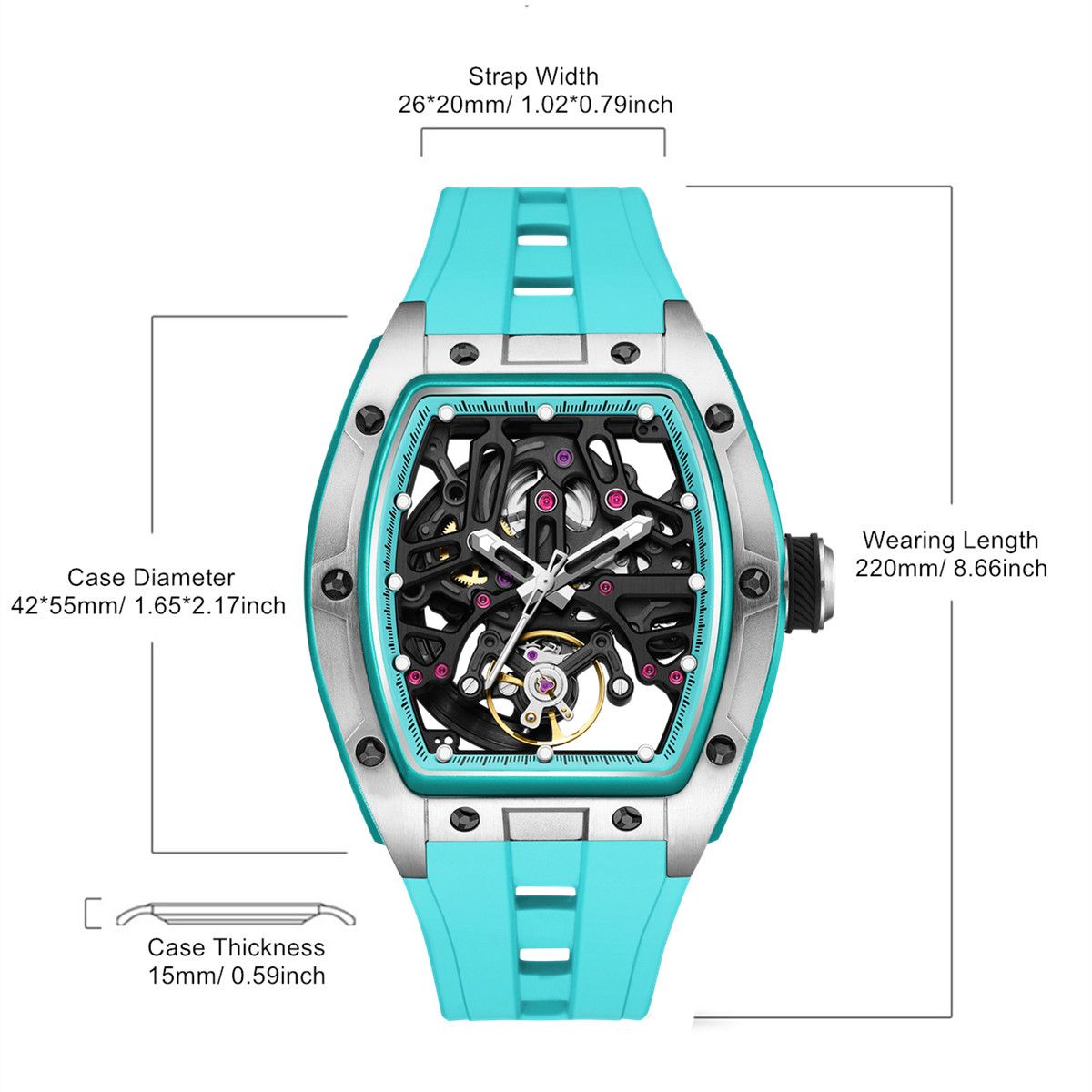 MEGIR 9198-1 skeleton automatic watch size chart with case and strap measurements, turquoise model