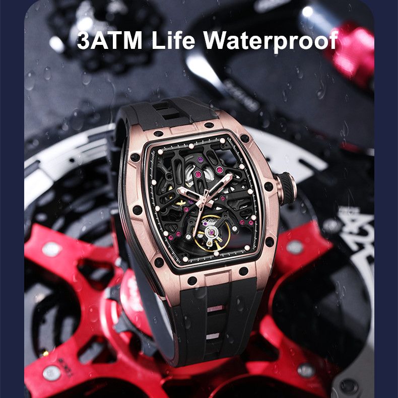 MEGIR 9198-1 skeleton automatic watch, 3ATM life-waterproof feature graphic, rose-gold model