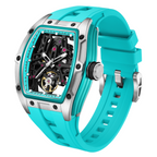 MEGIR 9198-1 skeleton automatic watch, silver case and turquoise silicone strap, angled view