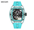 MEGIR 9198-1 men's skeleton automatic watch, silver barrel case, openwork dial and turquoise strap, front