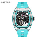 MEGIR 9198-1 men's skeleton automatic watch, silver barrel case, openwork dial and turquoise strap, front