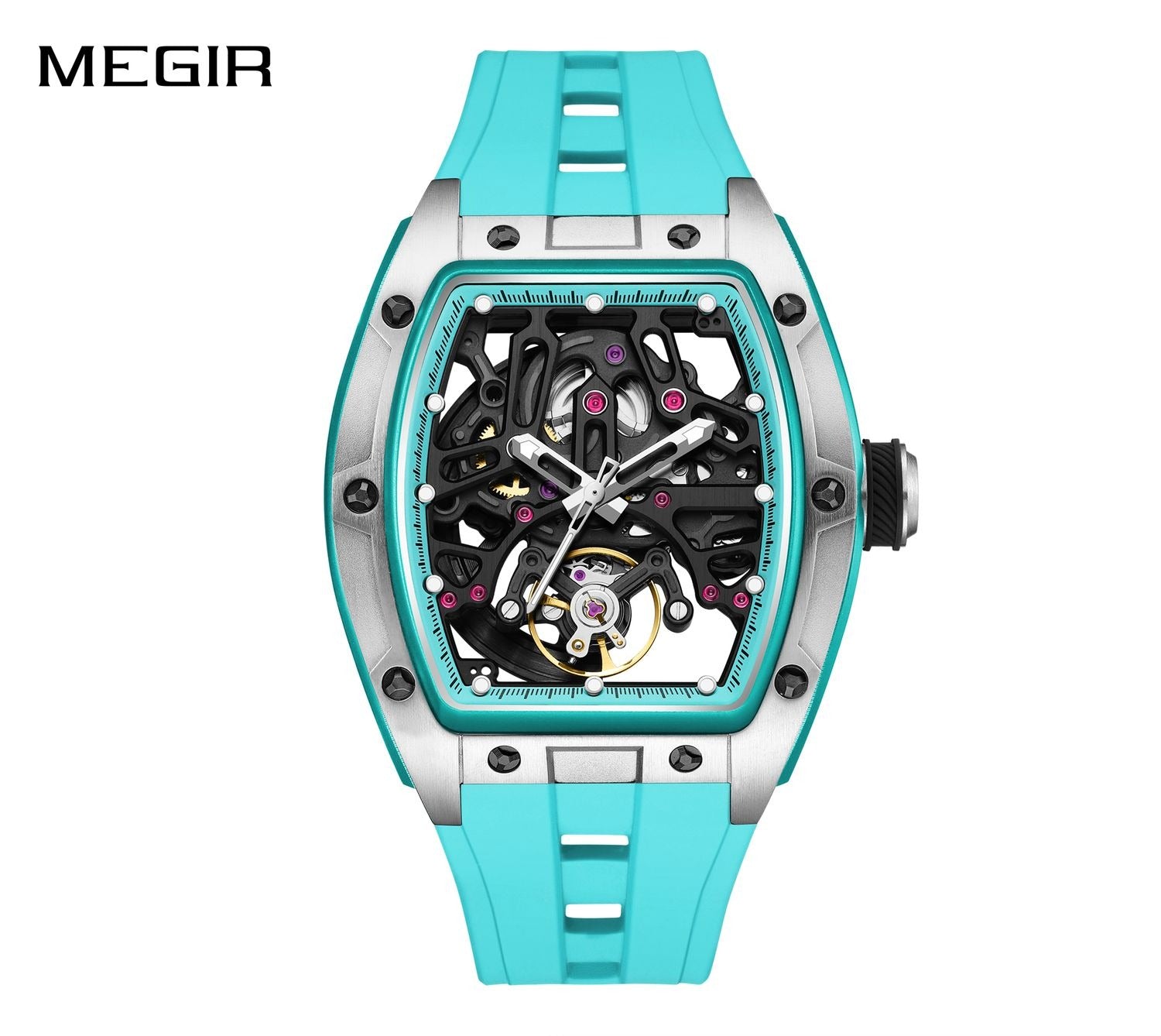 MEGIR 9198-1 men's skeleton automatic watch, silver barrel case, openwork dial and turquoise strap, front