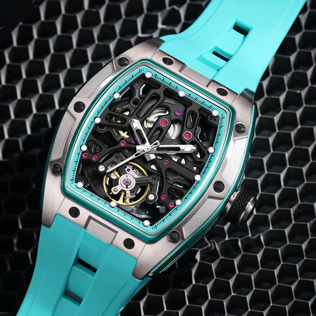 MEGIR 9198-1 skeleton automatic watch, silver case and turquoise strap, beauty shot