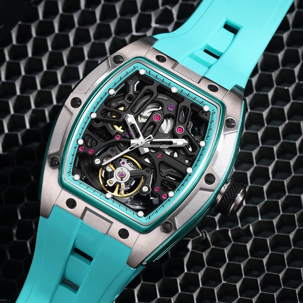 MEGIR 9198-1 skeleton automatic watch, silver case and turquoise strap, beauty shot