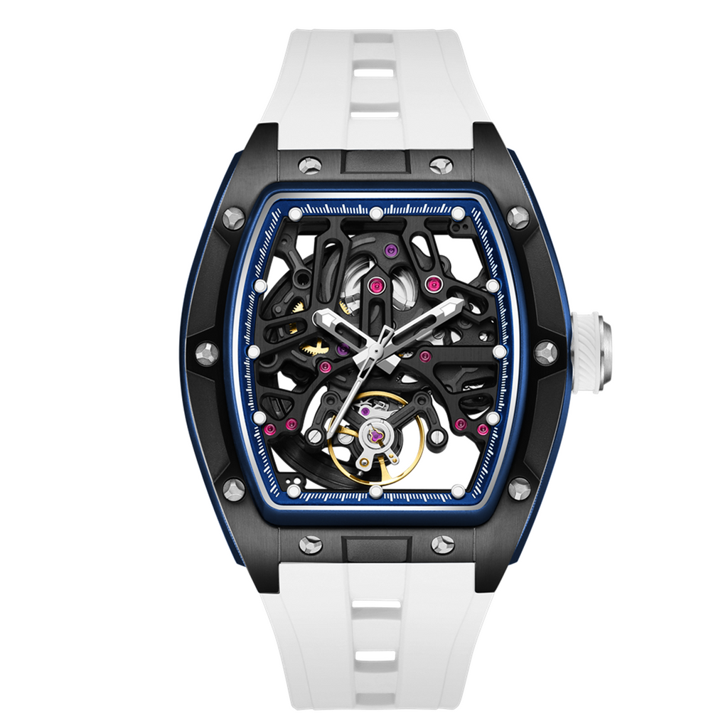 MEGIR 9198-1 skeleton automatic watch, black case and white silicone strap, angled view