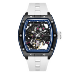 MEGIR 9198-1 skeleton automatic watch, black case and white silicone strap, angled view