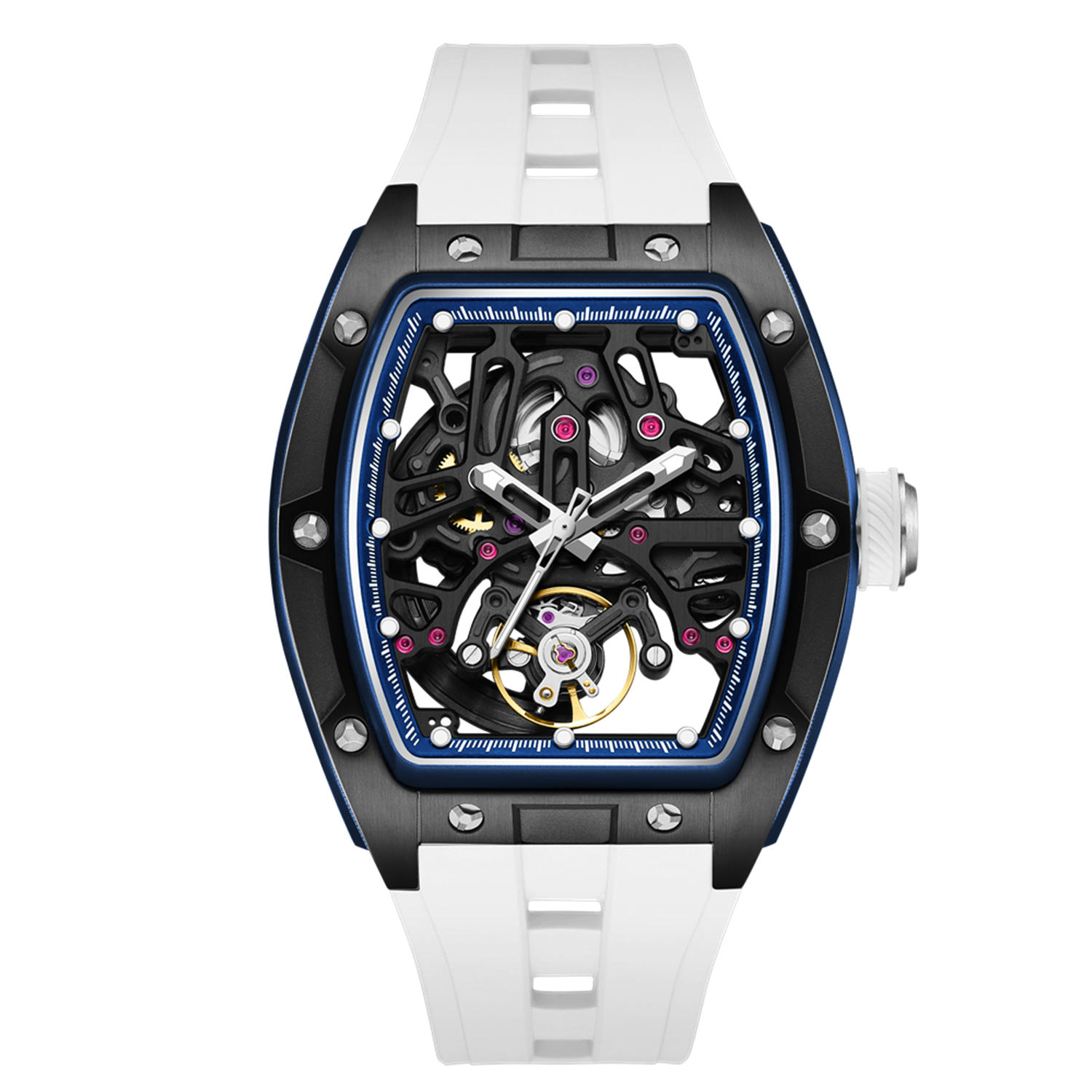 MEGIR 9198-1 skeleton automatic watch, black case and white silicone strap, angled view