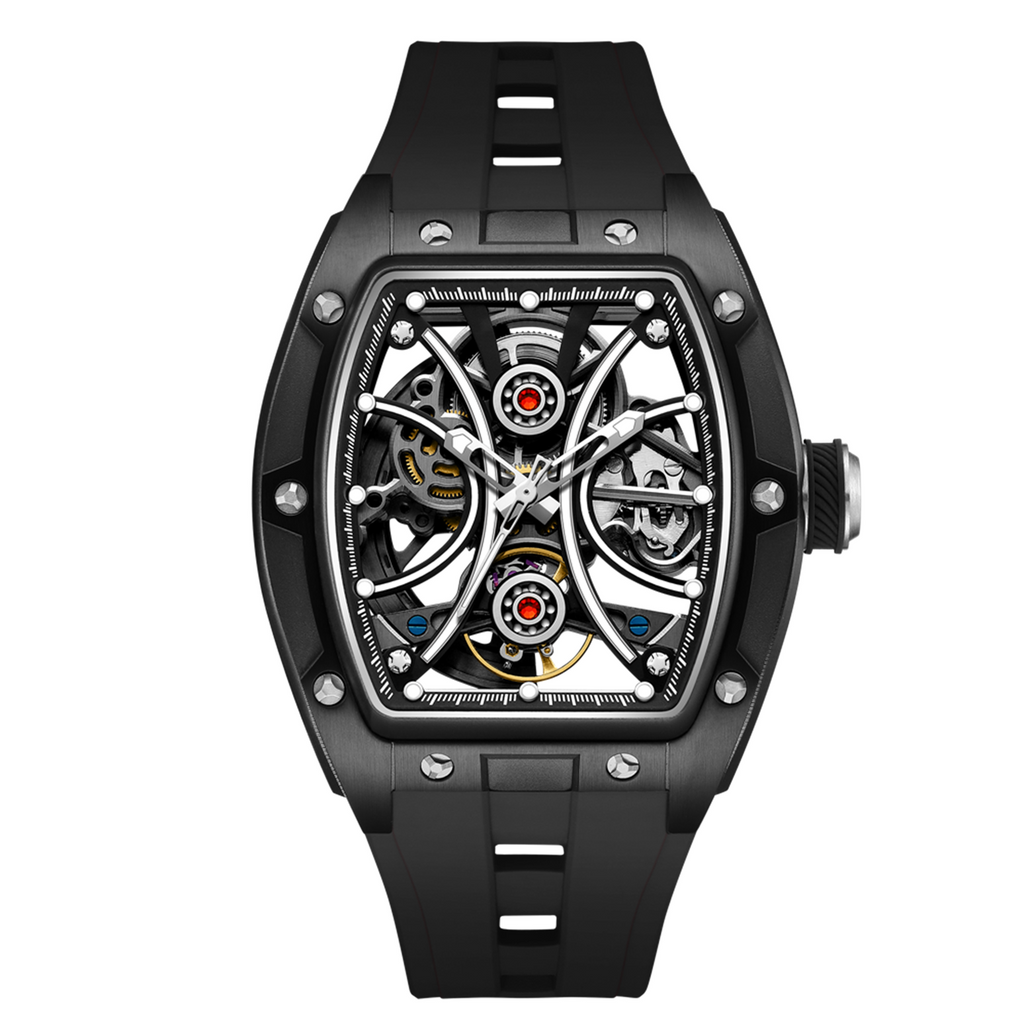 MEGIR 9198-4 skeleton automatic watch, black case and black silicone strap, angled view