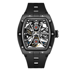 MEGIR 9198-4 skeleton automatic watch, black case and black silicone strap, angled view
