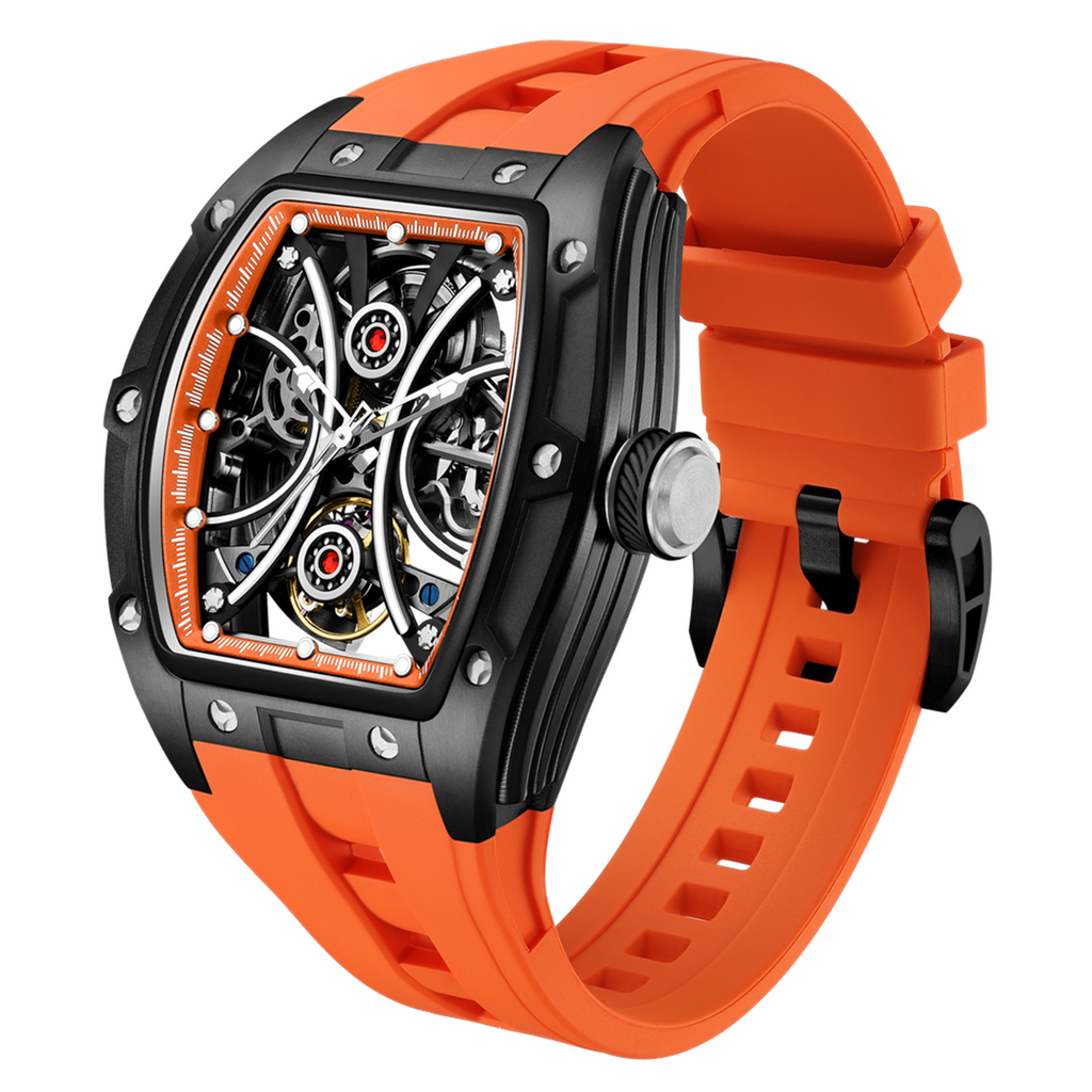 MEGIR 9198-4 skeleton automatic watch, black case and orange silicone strap, angled view
