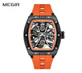 MEGIR 9198-4 men's skeleton automatic watch, black barrel case, openwork dial and orange strap, front view