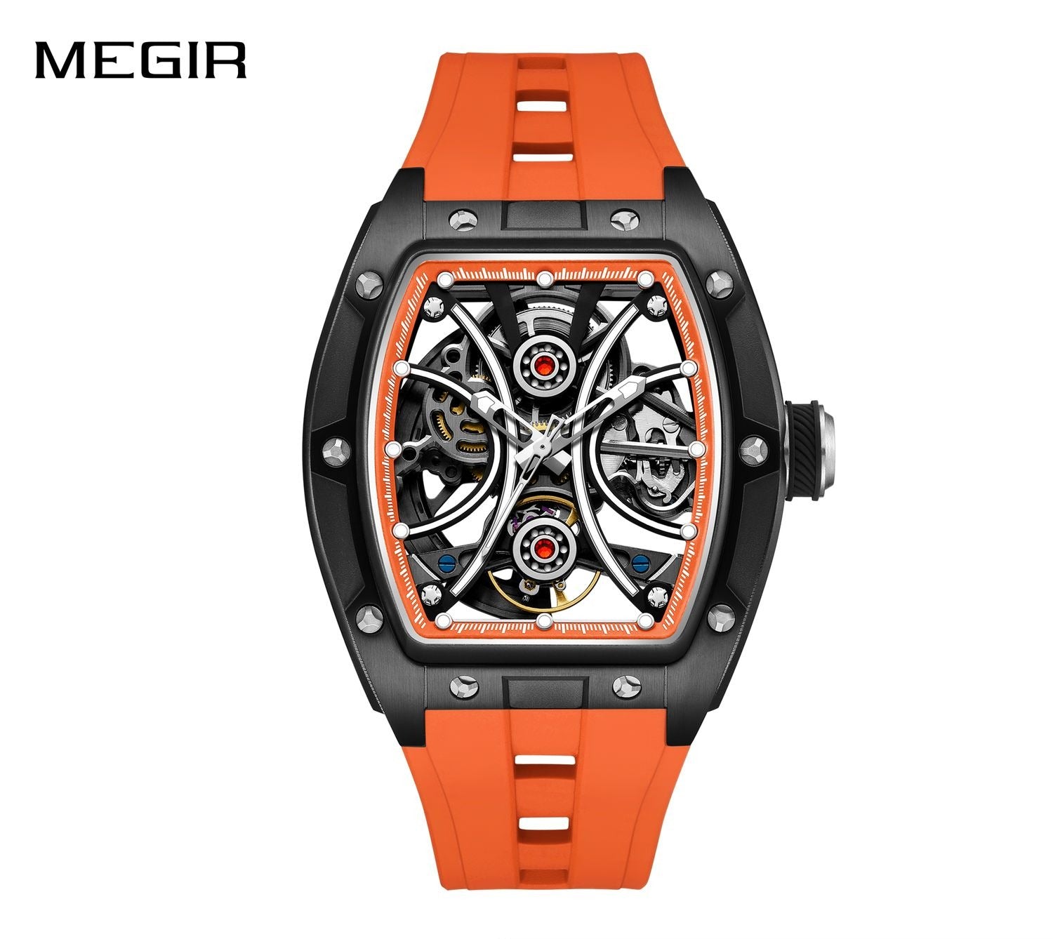 MEGIR 9198-4 men's skeleton automatic watch, black barrel case, openwork dial and orange strap, front view