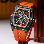 MEGIR 9198-4 skeleton automatic watch, black case and orange silicone strap, beauty shot