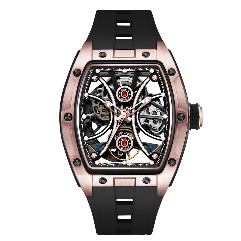 MEGIR 9198-4 skeleton automatic watch, rose-gold case and black silicone strap, angled view