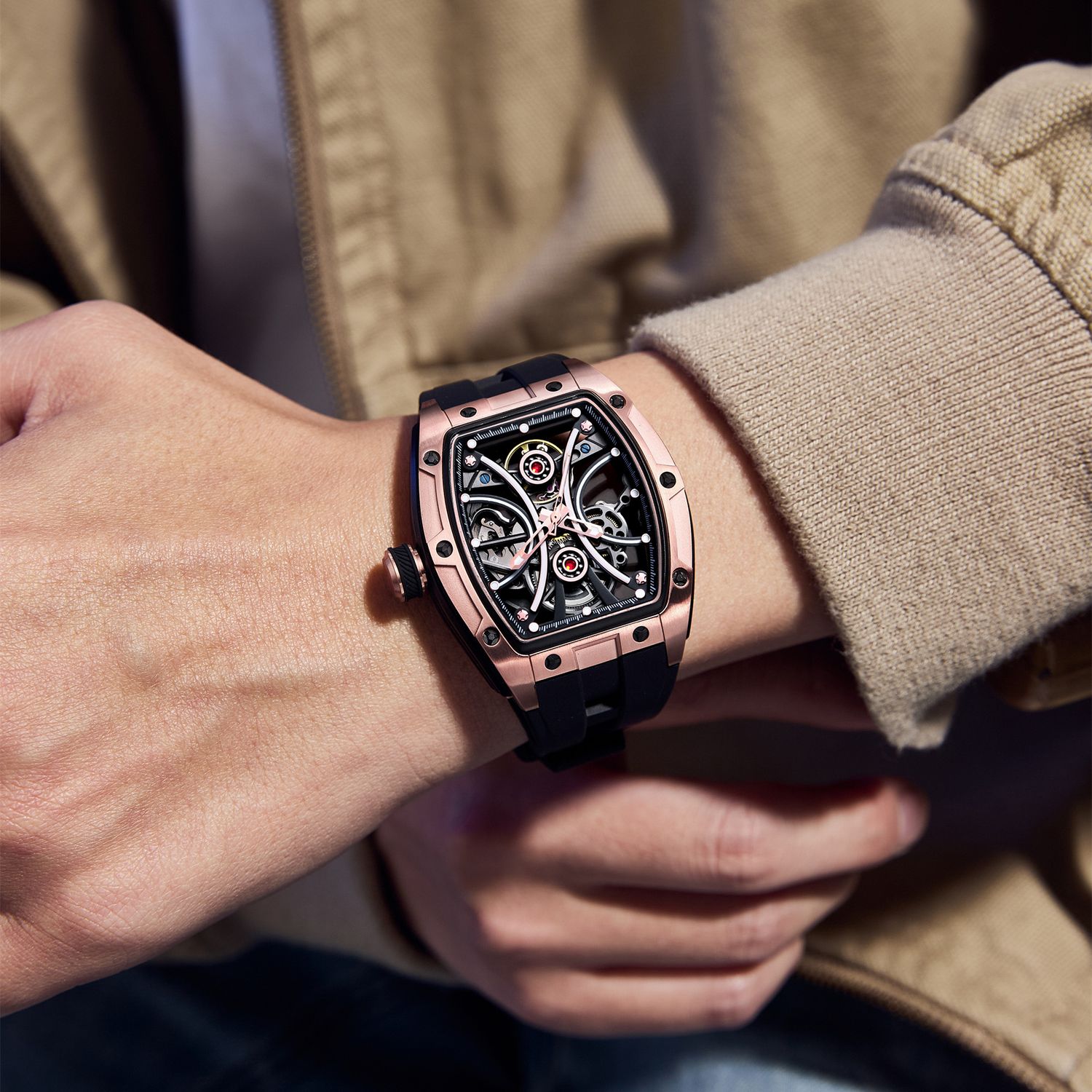 MEGIR 9198-4 skeleton automatic watch on the wrist, rose-gold case and black silicone strap
