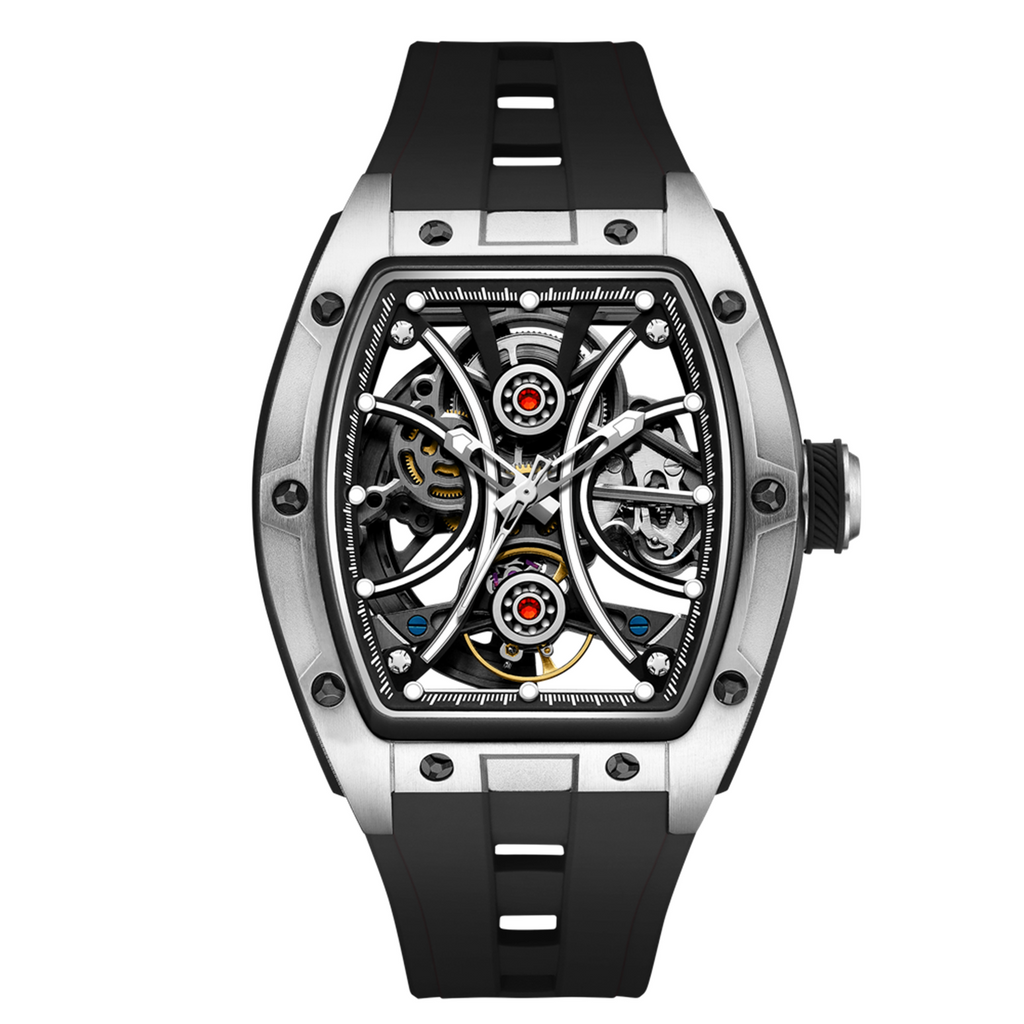 MEGIR 9198-4 skeleton automatic watch, silver barrel case and black silicone strap, angled view