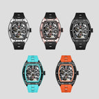 MEGIR 9198-4 skeleton automatic watch shown in five case and strap colour options