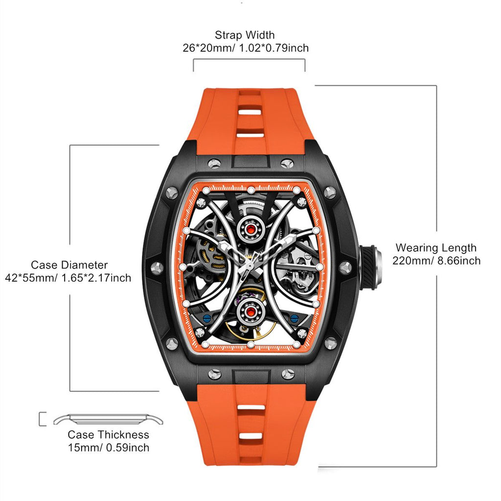 MEGIR 9198-4 skeleton automatic watch size chart with case and strap measurements, orange model